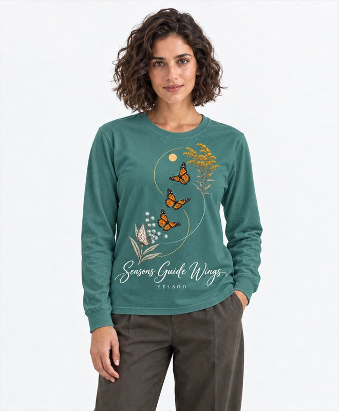 YELSOO men's Seasons Guide Wings Monarch Butterfly Long Sleeve Fishing Shirt in Soft Teal — front model view