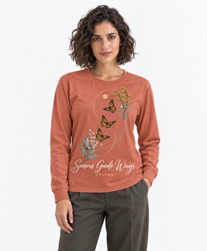 YELSOO men's Seasons Guide Wings Monarch Butterfly Long Sleeve Fishing Shirt in Terracotta — front model view