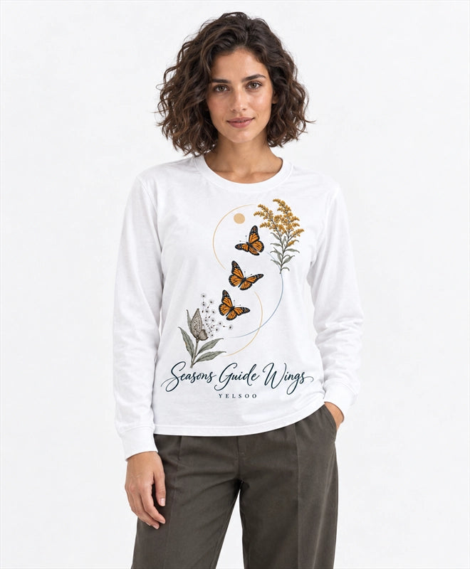 YELSOO men's Seasons Guide Wings Monarch Butterfly Long Sleeve Fishing Shirt in White — front model view