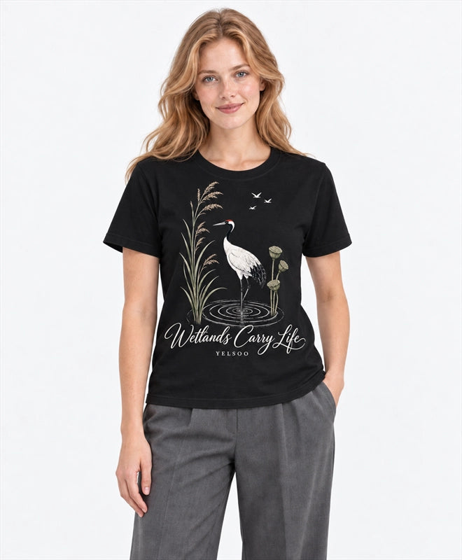 YELSOO men's Wetlands Carry Life Red-Crowned Crane Graphic Tee in Black — front model view