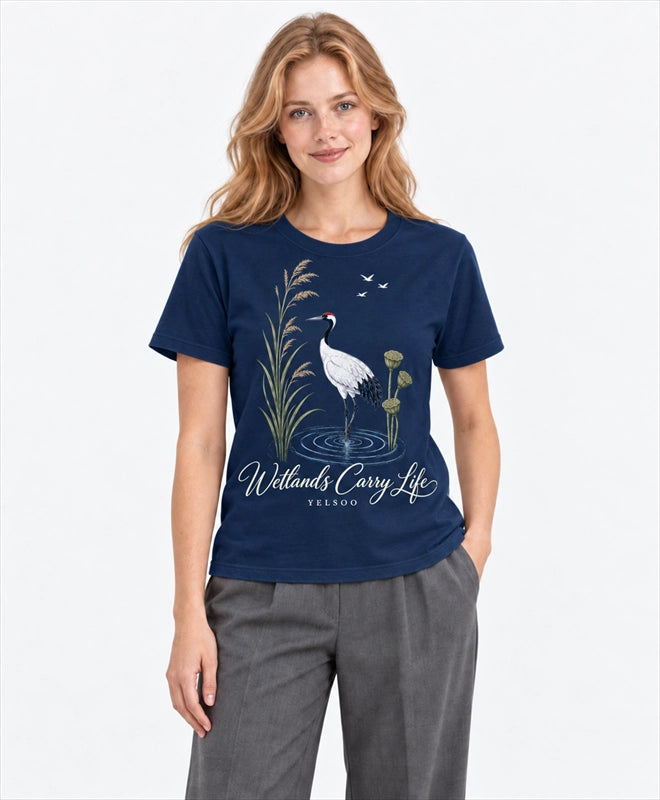 YELSOO men's Wetlands Carry Life Red-Crowned Crane Graphic Tee in Navy — front model view