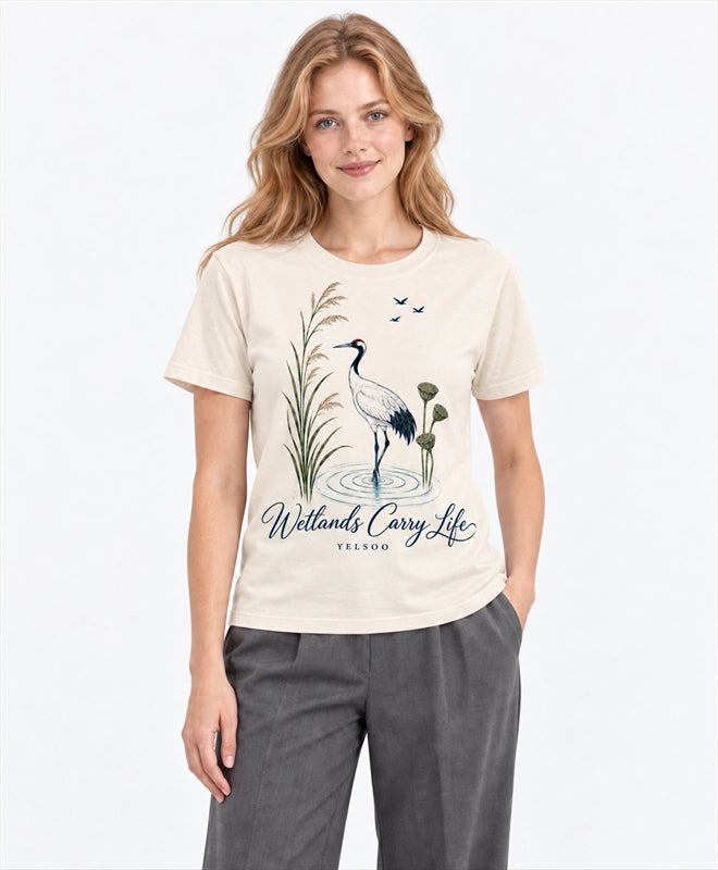 YELSOO men's Wetlands Carry Life Red-Crowned Crane Graphic Tee in Sand — front model view