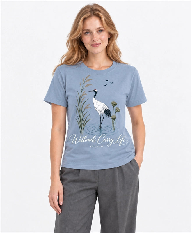 YELSOO men's Wetlands Carry Life Red-Crowned Crane Graphic Tee in Slate Blue — front model view