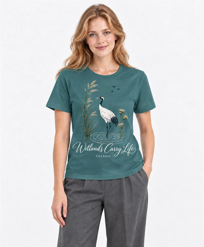 YELSOO men's Wetlands Carry Life Red-Crowned Crane Graphic Tee in Soft Teal — front model view