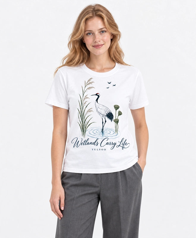 YELSOO men's Wetlands Carry Life Red-Crowned Crane Graphic Tee in White — front model view