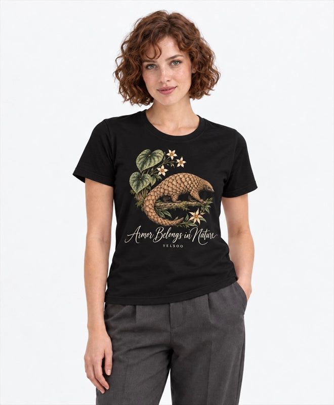 YELSOO women's Armor Belongs in Nature Pangolin Graphic Tee in Black — front model view