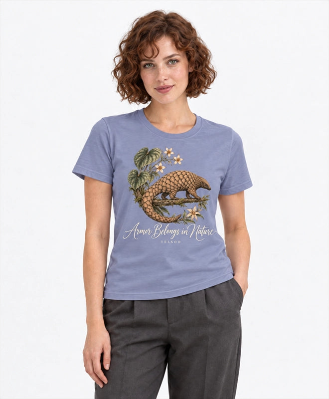 YELSOO women's Armor Belongs in Nature Pangolin Graphic Tee in Dusty Blue Violet — front model view