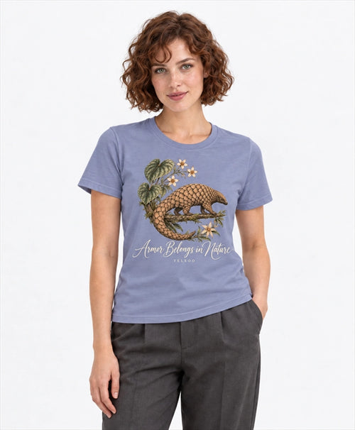 YELSOO women's Armor Belongs in Nature Pangolin Graphic Tee in Dusty Blue Violet — front model view