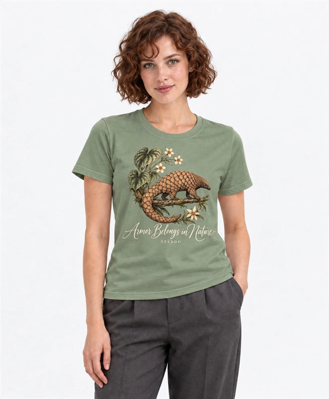 YELSOO women's Armor Belongs in Nature Pangolin Graphic Tee in Sage Green — front model view