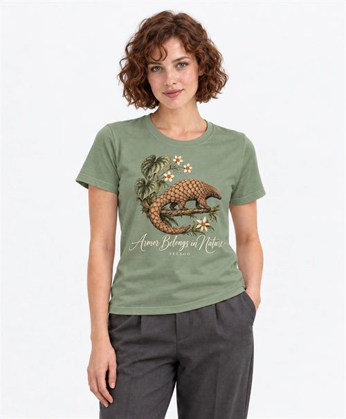 YELSOO women's Armor Belongs in Nature Pangolin Graphic Tee in Sage Green — front model view