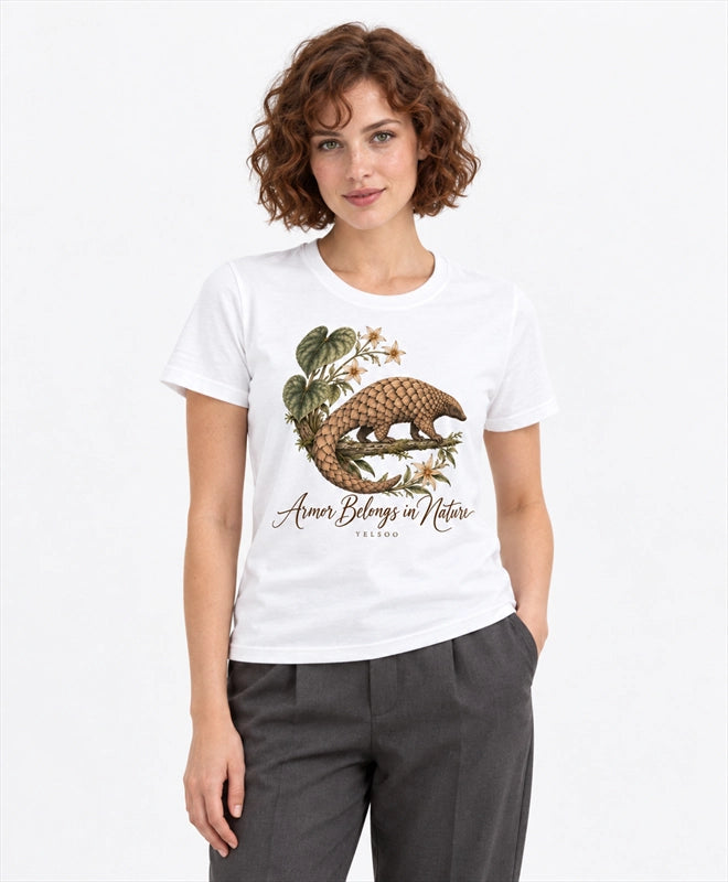 YELSOO women's Armor Belongs in Nature Pangolin Graphic Tee in White — front model view