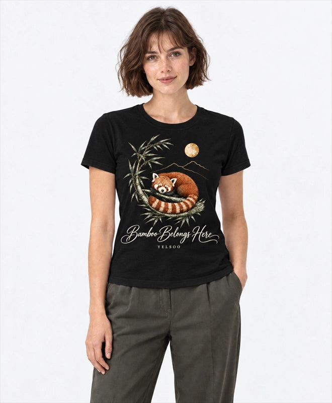 YELSOO women's Bamboo Belongs Here Red Panda Graphic Tee in Black — front model view