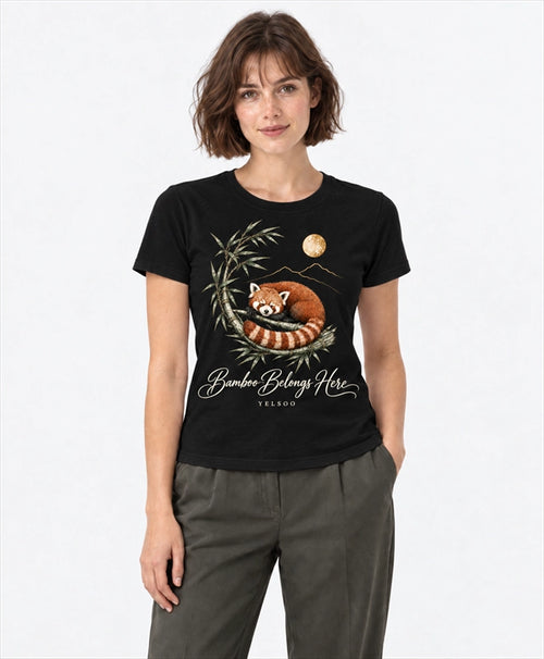 YELSOO women's Bamboo Belongs Here Red Panda Graphic Tee in Black — front model view