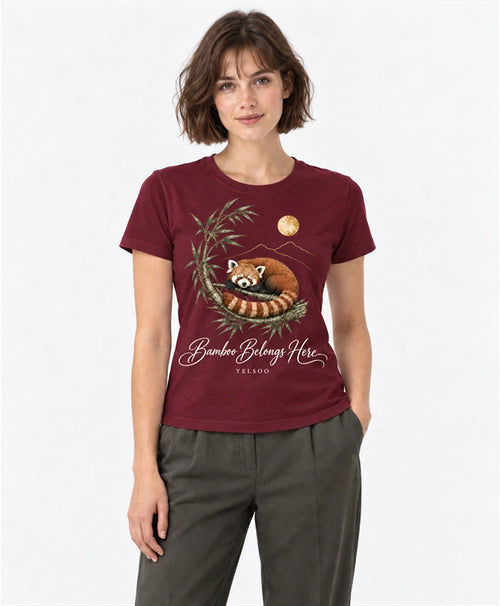 YELSOO women's Bamboo Belongs Here Red Panda Graphic Tee in Burgundy — front model view