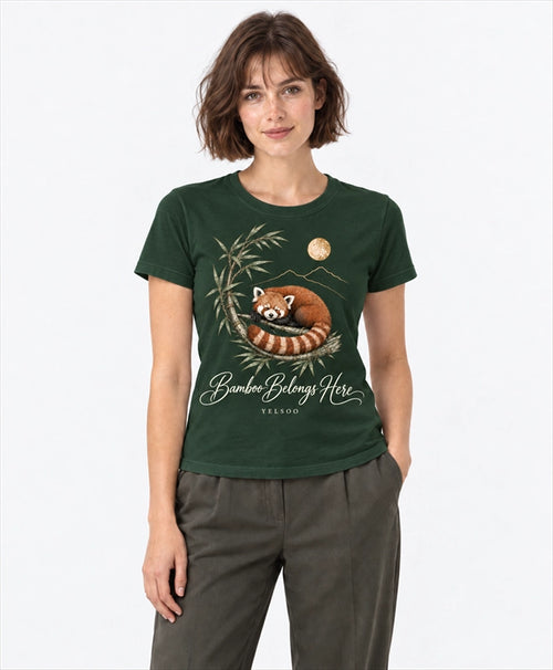 YELSOO women's Bamboo Belongs Here Red Panda Graphic Tee in Forest Green — front model view