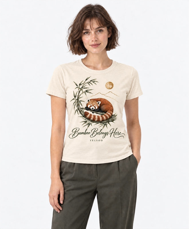 YELSOO women's Bamboo Belongs Here Red Panda Graphic Tee in Sand — front model view