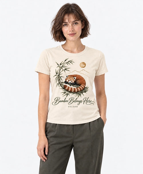 YELSOO women's Bamboo Belongs Here Red Panda Graphic Tee in Sand — front model view