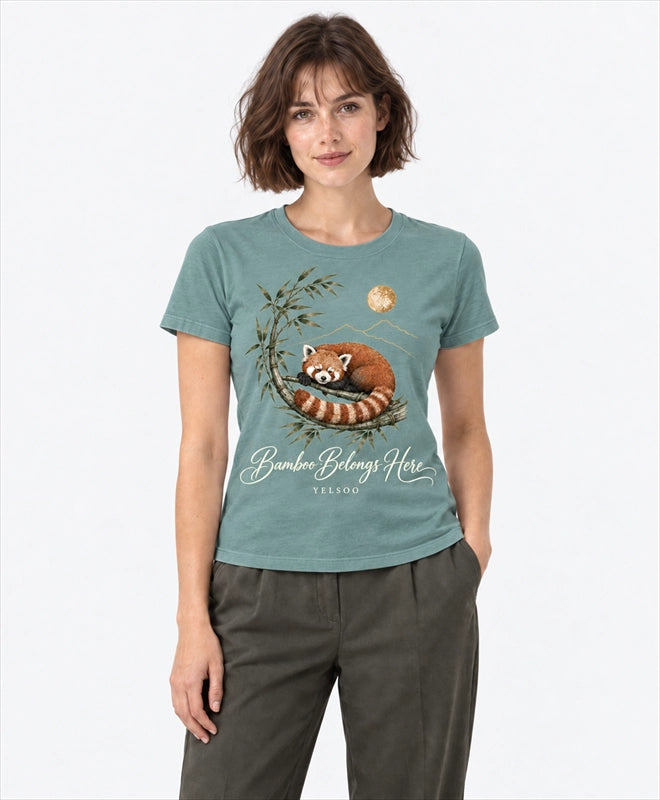 YELSOO women's Bamboo Belongs Here Red Panda Graphic Tee in Soft Teal — front model view