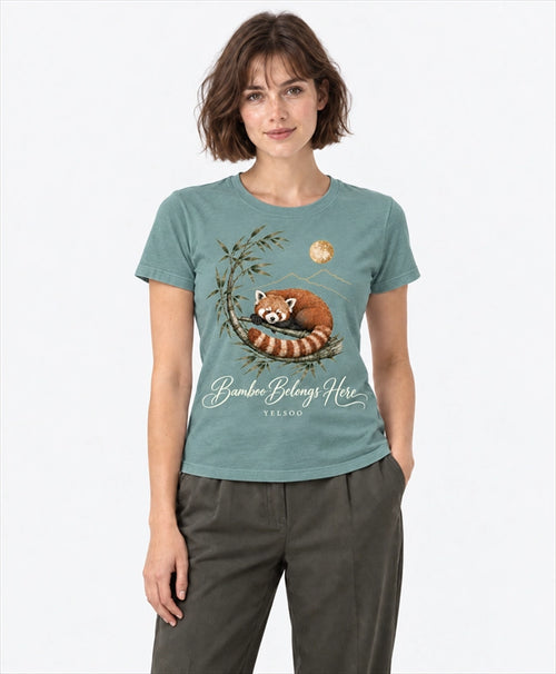 YELSOO women's Bamboo Belongs Here Red Panda Graphic Tee in Soft Teal — front model view