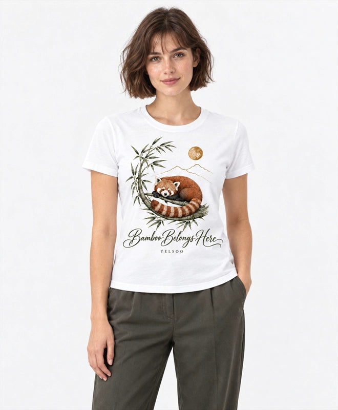 YELSOO women's Bamboo Belongs Here Red Panda Graphic Tee in White — front model view