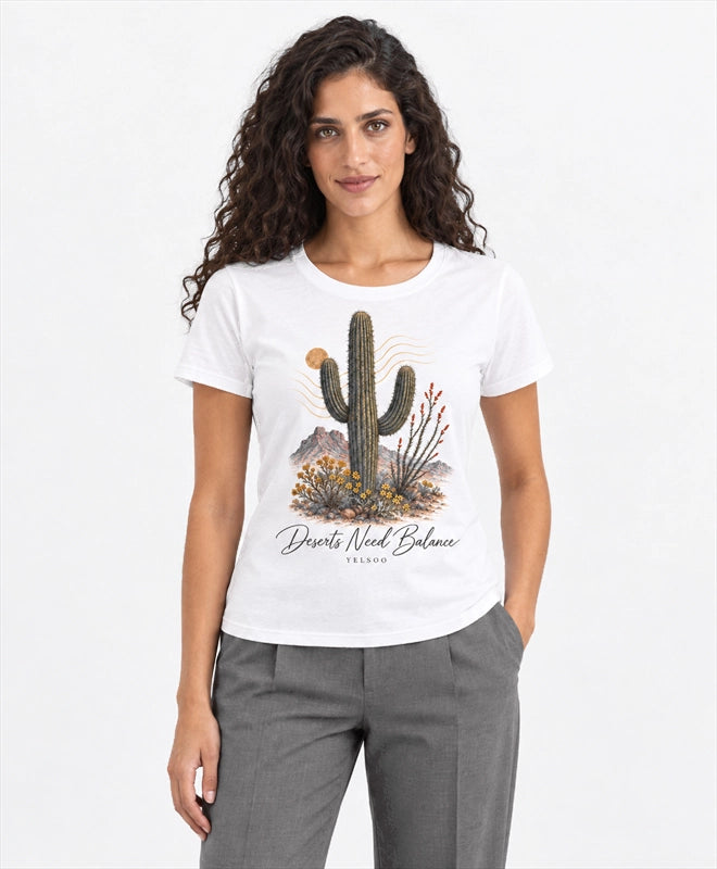 YELSOO women's Deserts Need Balance Saguaro Cactus Graphic Tee in Charcoal Gray — front model view