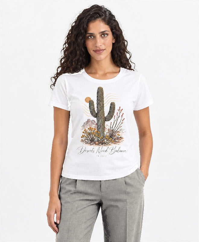 YELSOO women's Deserts Need Balance Saguaro Cactus Graphic Tee in Sand — front model view