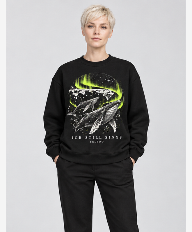 Ice Still Sings Crewneck Sweatshirt — women's model, front view