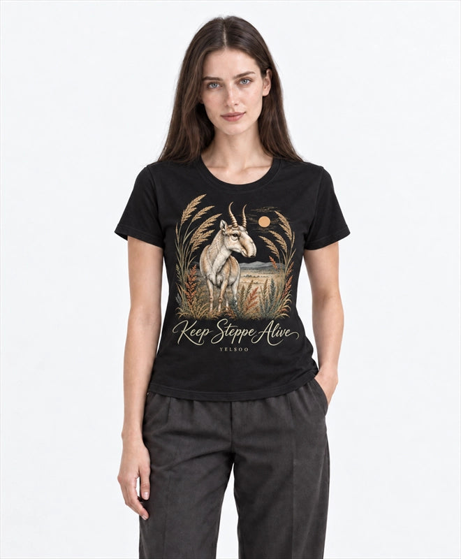 YELSOO women's Keep Steppe Alive Saiga Antelope Graphic Tee in Black — front model view