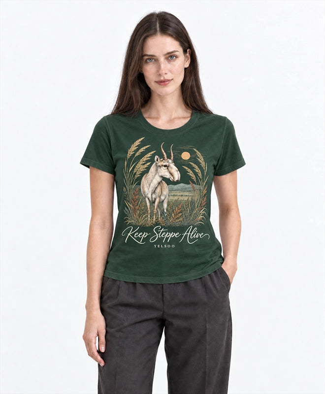 YELSOO women's Keep Steppe Alive Saiga Antelope Graphic Tee in Forest Green — front model view