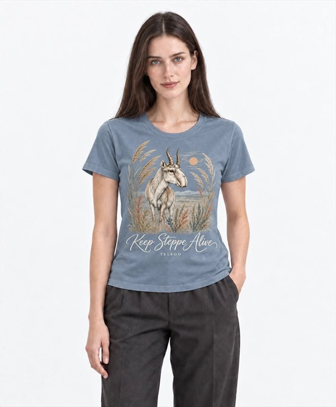 YELSOO women's Keep Steppe Alive Saiga Antelope Graphic Tee in Slate Blue — front model view