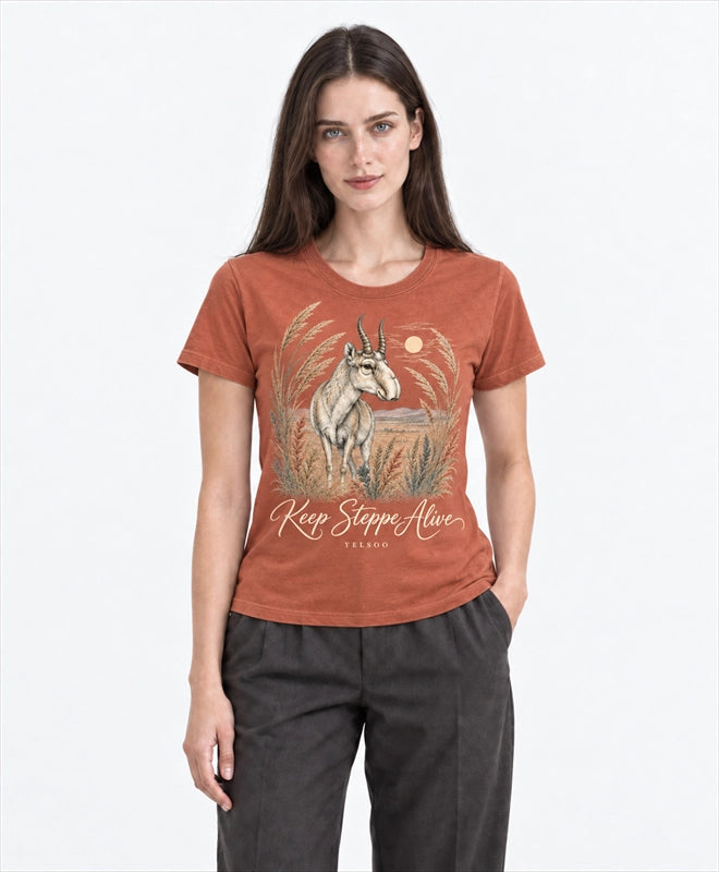 YELSOO women's Keep Steppe Alive Saiga Antelope Graphic Tee in Terracotta — front model view