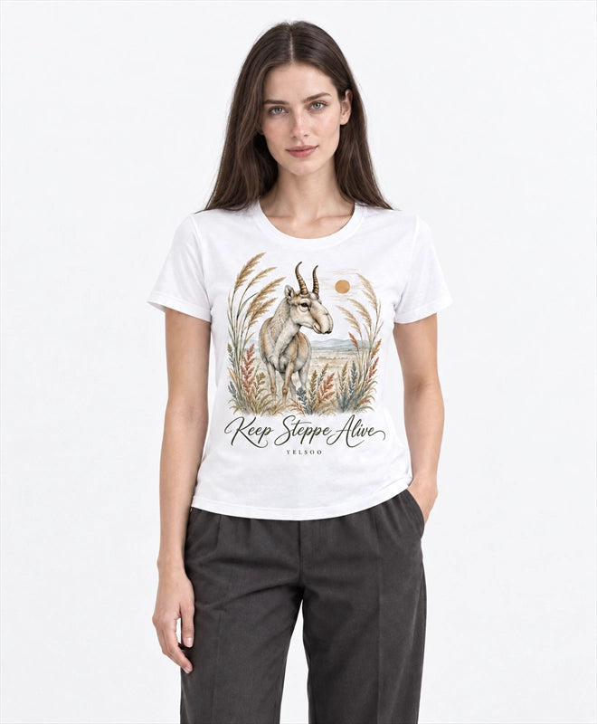 YELSOO women's Keep Steppe Alive Saiga Antelope Graphic Tee in White — front model view