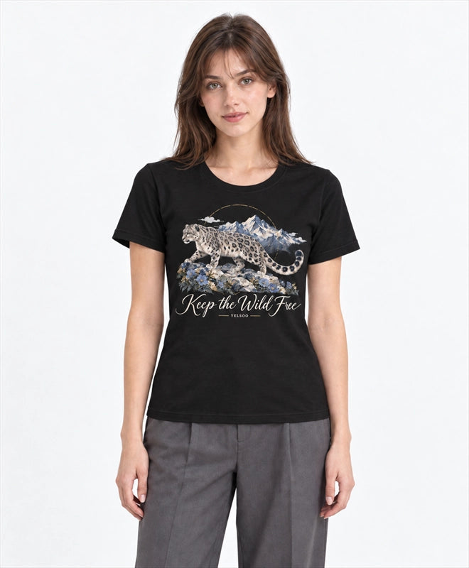 YELSOO women's Keep the Wild Free Snow Leopard Graphic Tee in Black — front model view