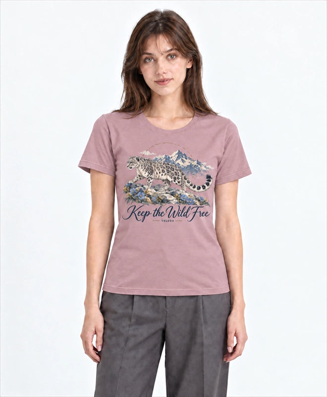YELSOO women's Keep the Wild Free Snow Leopard Graphic Tee in Dusty Pink — front model view