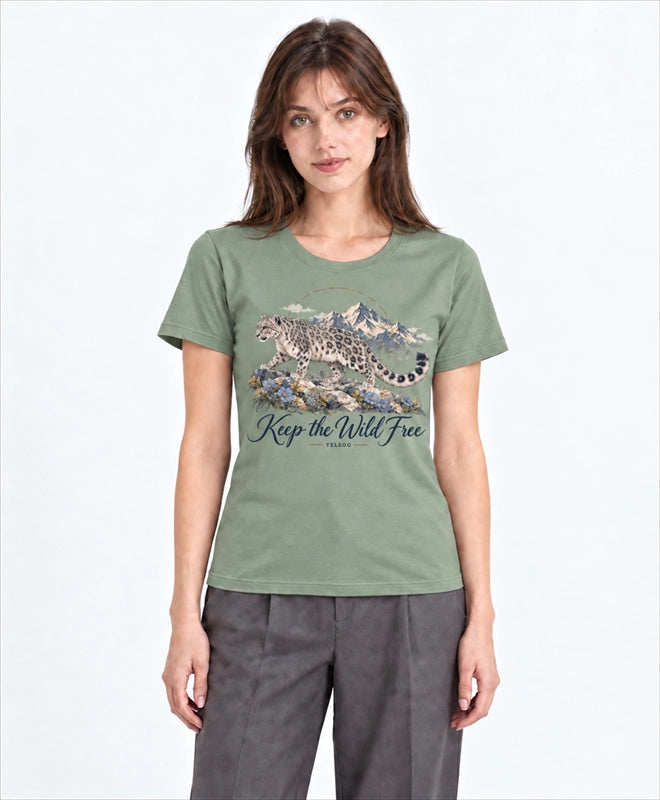 YELSOO women's Keep the Wild Free Snow Leopard Graphic Tee in Sage Green — front model view