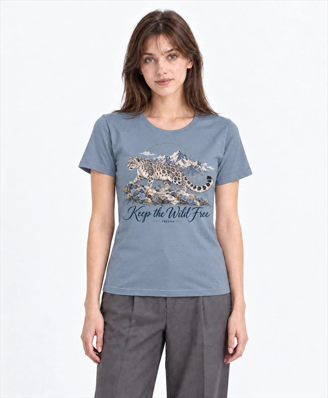 YELSOO women's Keep the Wild Free Snow Leopard Graphic Tee in Slate Blue — front model view