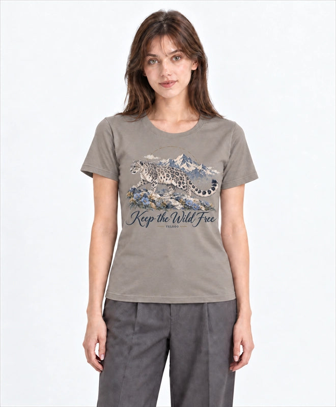 YELSOO women's Keep the Wild Free Snow Leopard Graphic Tee in Stone Taupe — front model view