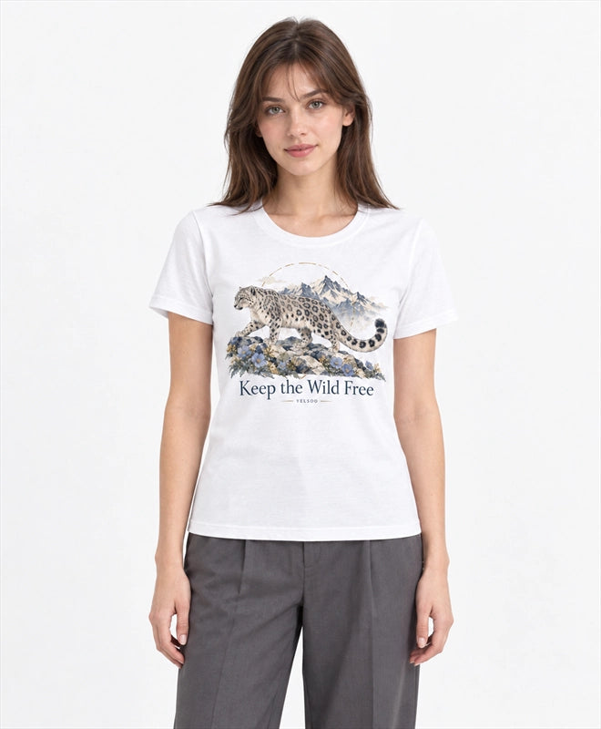 YELSOO women's Keep the Wild Free Snow Leopard Graphic Tee in White — front model view