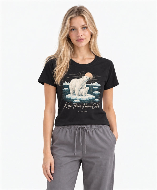 YELSOO women's Keep Their Home Cold Polar Bear Graphic Tee in Black — front model view