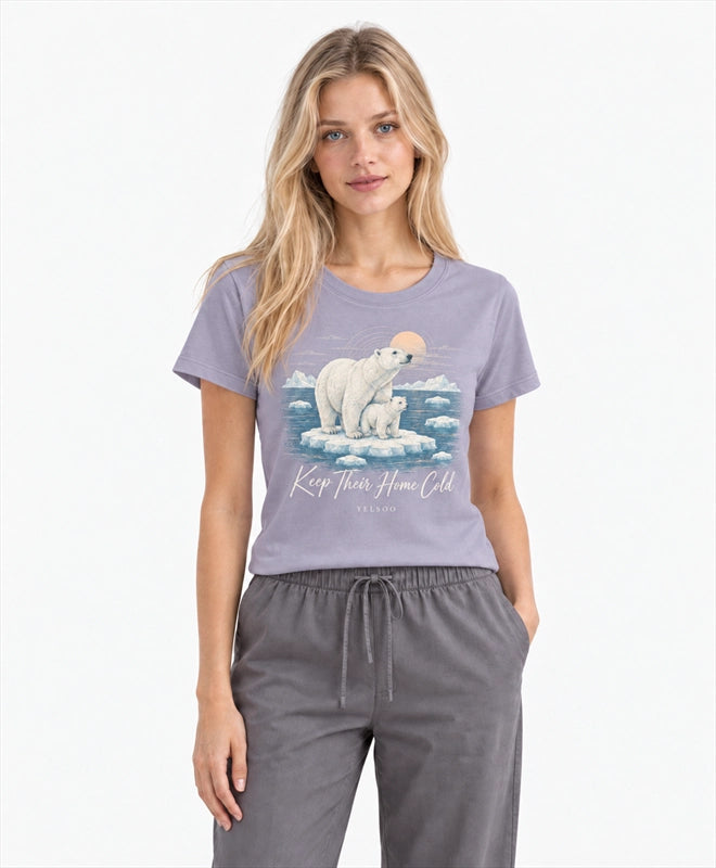YELSOO women's Keep Their Home Cold Polar Bear Graphic Tee in Dusty Purple — front model view