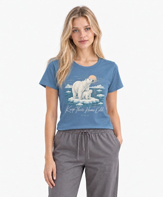YELSOO women's Keep Their Home Cold Polar Bear Graphic Tee in Mist Blue — front model view