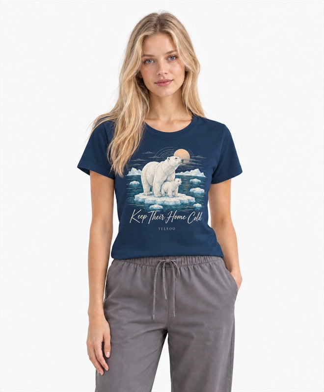 YELSOO women's Keep Their Home Cold Polar Bear Graphic Tee in Navy — front model view