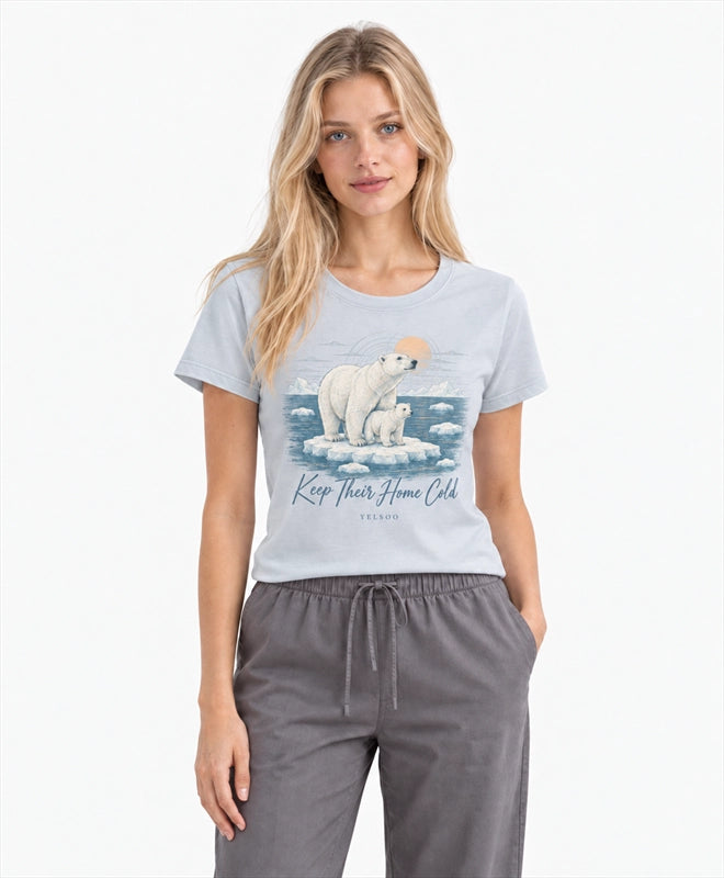 YELSOO women's Keep Their Home Cold Polar Bear Graphic Tee in Silver Gray — front model view