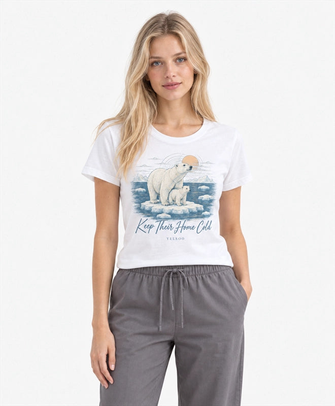 YELSOO women's Keep Their Home Cold Polar Bear Graphic Tee in White — front model view