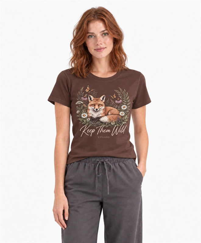 YELSOO women's Keep Them Wild Fox Graphic Tee in Chocolate Brown — front model view