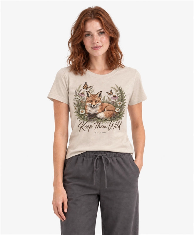 YELSOO women's Keep Them Wild Fox Graphic Tee in Oatmeal — front model view