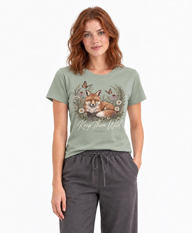 YELSOO women's Keep Them Wild Fox Graphic Tee in Sage Green — front model view