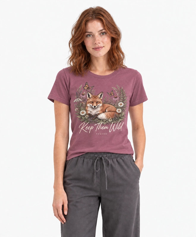 YELSOO women's Keep Them Wild Fox Graphic Tee in Smoky Mauve — front model view