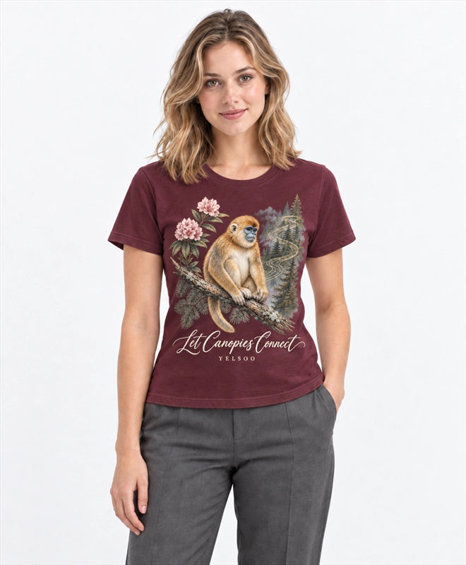 YELSOO women's Let Canopies Connect Golden Snub-Nosed Monkey Graphic Tee in Burgundy — front model view