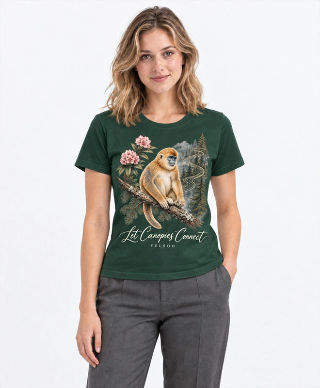 YELSOO women's Let Canopies Connect Golden Snub-Nosed Monkey Graphic Tee in Forest Green — front model view